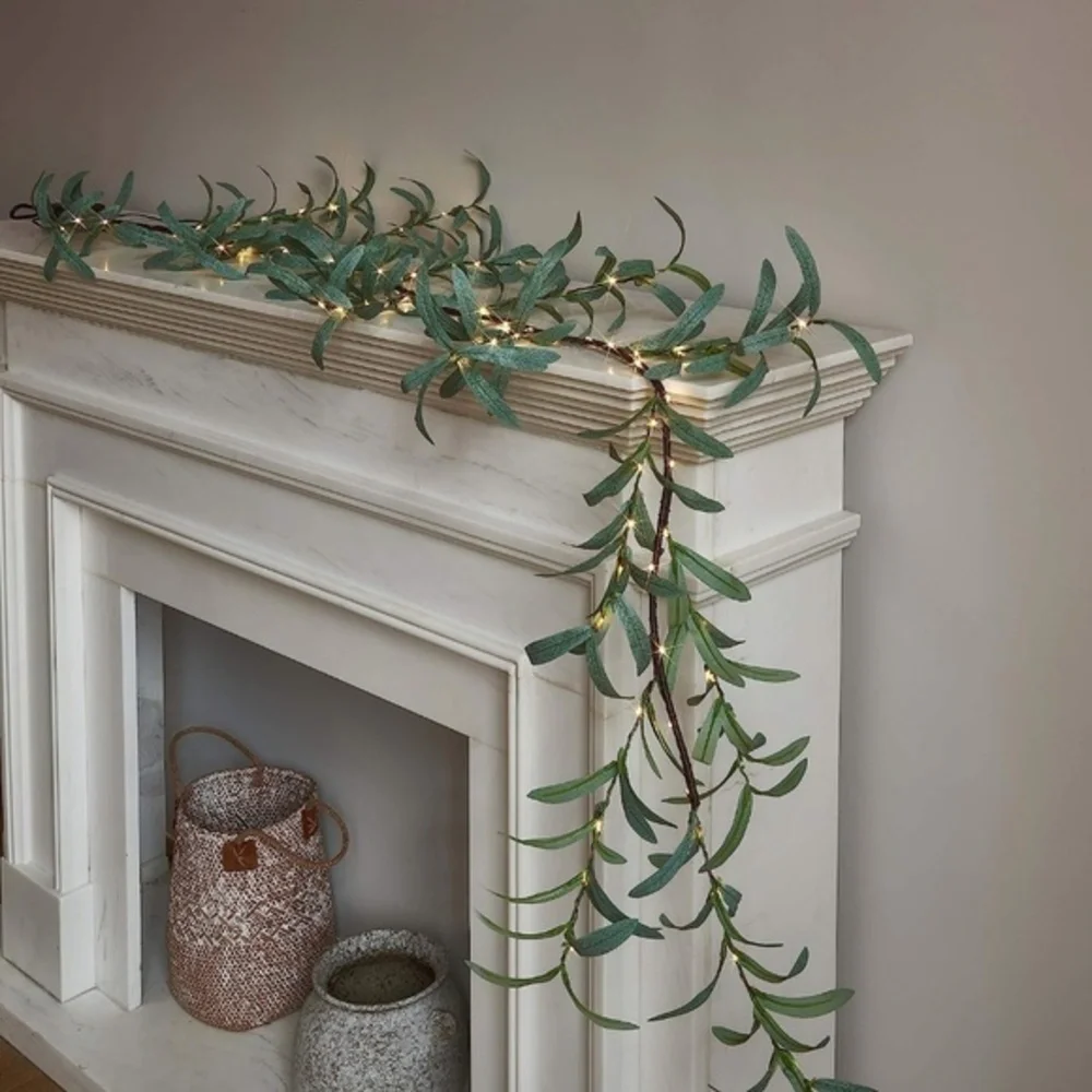 Lghted Olive Garland Battery Operated with Timer 96 Fairy Lights 6FT,